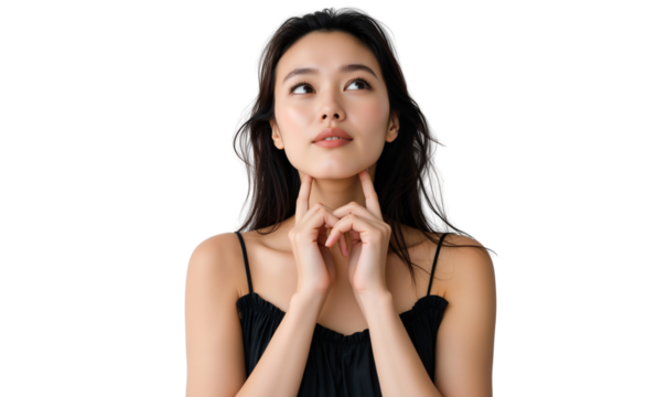 Beautiful Asian woman looking up, touching chin with fingers, isolated on transparent background