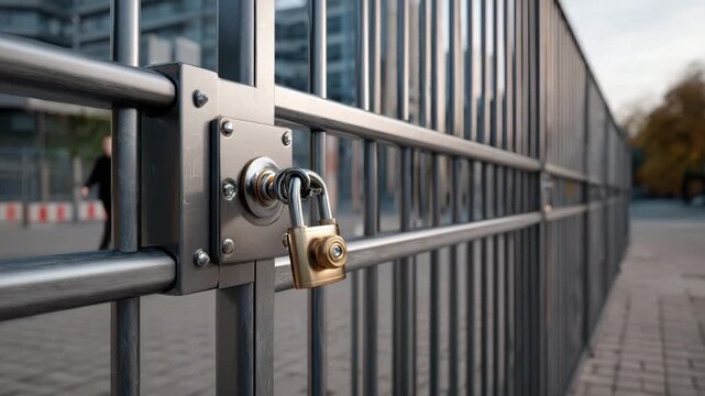 Metal gate padlock lock securing urban entrance fence barrier safety protection symbolizing security and restricted access with blurred background of pavement and buildings