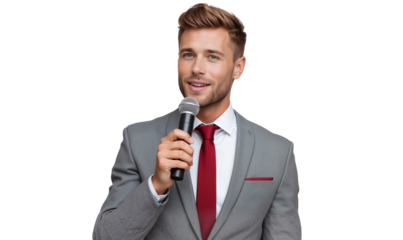 Charismatic confident young presenter or speaker holding microphone, isolated on transparent background