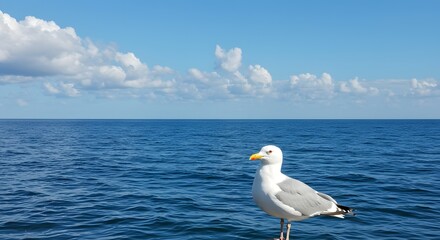 A seagull perched on a wooden surface, overlooking a vast ocean under a partly cloudy sky