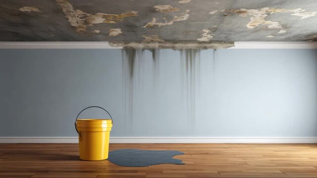 Yellow bucket catching water leak on wooden floor under damaged ceiling with mold and water stain in empty room showing water damage and damp wall conditions