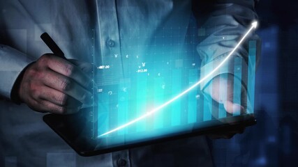 A businessman engages with a tablet for financial analysis, showcasing digital graphs and currency symbols that highlight economic growth and technological advancement. Copula - Powered by Adobe
