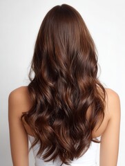 Fototapeta premium This image shows the back view of a woman with long wavy brown hair, highlighting its smooth and shiny texture.