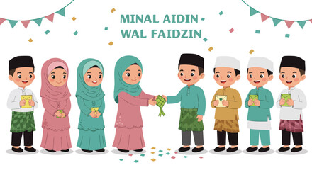  illustration of happy Muslim children shaking hands and saying “minal aidin wal faidzin” 