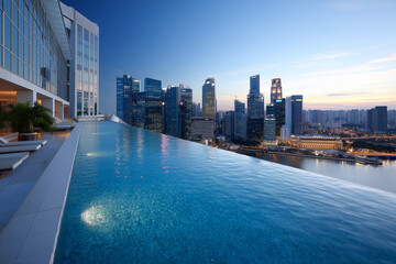 Naklejka premium A city skyline with a large pool on top of a building