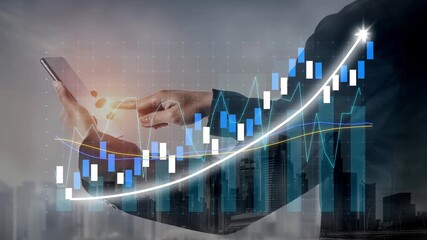 Professional businessman interacts with smartphone displaying stock market graphs, highlighting investment opportunities and financial growth in a modern urban setting. Copula - Powered by Adobe