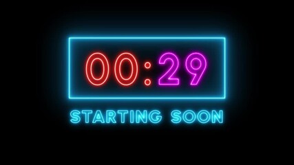 Neon glowing countdown timer number animation. 34 Seconds neon countdown timer animation.