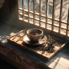 따뜻한 햇살이 비치는 아침, 신선한 인삼과 약초로 우려낸 한방차가 담긴 찻잔