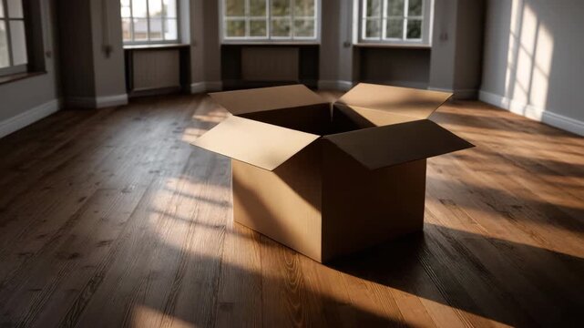 Open cardboard box on wooden floor with sunlight and shadow in empty room near window interior packaging storage moving unpacking brown box natural light wood texture spacious space