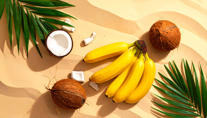 Flat lay of organic bananas and coconuts on a sandy background, embodying the tropical freshness concept