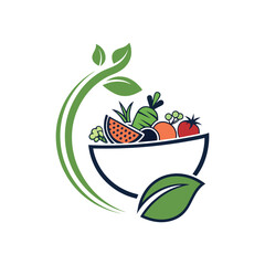 Organic Food Bowl Logo with Fruits Vegetables and Green Leaves on White healthy fresh