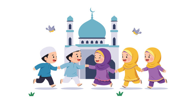 Adorable chibi Muslim kids playing tag in front of a small mosque.
