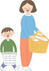 洗濯物を運ぶ親子