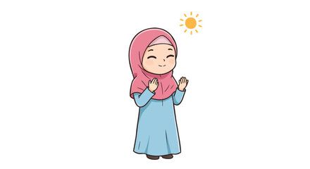 Chibi Muslim girl in bright pink hijab and long sky-blue dress standing with hands raised in prayer