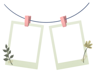 Two light yellow polaroid frames with white and black empty spaces hanging on a blue string attached with pink clothespins decorated with small green leaves 