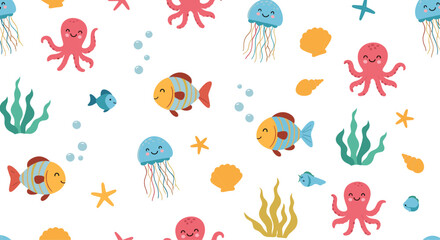 Fototapeta premium A playful underwater scene with colorful sea creatures and aquatic plants.