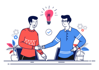 Two men in casual attire shaking hands across a desk with laptops while a lightbulb symbolizing an idea shines brightly above them on a white background 