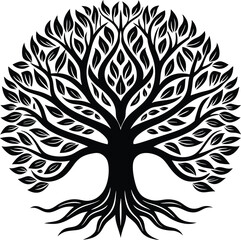 Obraz premium Stylized Black Tree of Life Silhouette With Roots and Leaves branches