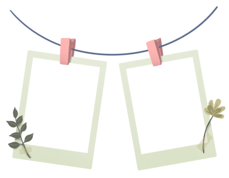 Two light yellow polaroid frames with white and black empty spaces hanging on a blue string attached with pink clothespins decorated with small green leaves 