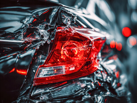 Close-up view of a severely damaged black sedan's rear with shattered tail light and crumpled body after a collision in a traffic jam environment