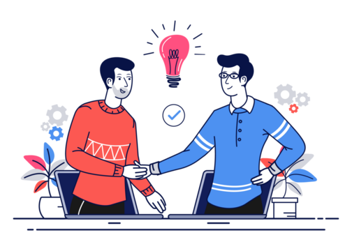 Two men in casual attire shaking hands across a desk with laptops while a lightbulb symbolizing an idea shines brightly above them on a white background