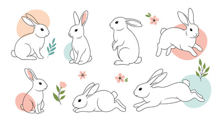 A collection of cute sketched rabbits in various playful poses.