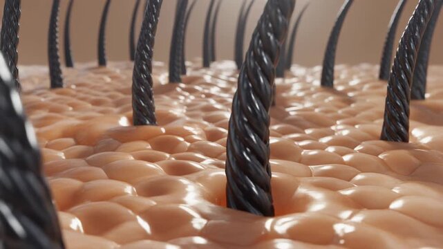 "Microscopic close-up of human skin with textured surface and coiled dark hair strands emerging from follicles&mdash;highlighting anatomy, biology, and dermatological detail."