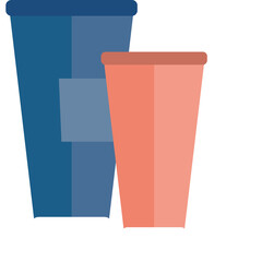 Two stylized paper cups one large blue and one smaller coral orange stand side by side on a white background with a transparent background overlay making them suitable for graphic design elements