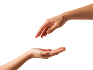Two hands reaching one receiving concept of giving helping generosity and assistance on isolated black background