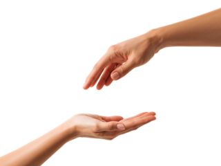 Two hands reaching one receiving concept of giving helping generosity and assistance on isolated black background