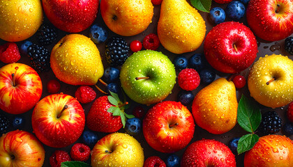 Flat lay of organic apples, pears and berries with water droplets, highlighting a farm to table freshness theme