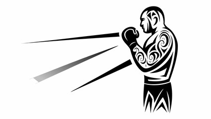 Bold tribal boxer silhouette throwing punches with power, fitness and determination for sports branding