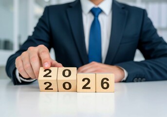 businessman holding a word sale on white, Transitioning from 2025 to 2026 with wooden blocks. Challenge target business for the upcoming year. Representing new year resolution, new beginnings, plannin