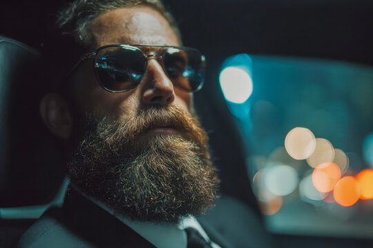Bearded man with sunglasses sitting inside a car at night with blurred city lights creating a moody and intense atmosphere focused on his determined expression