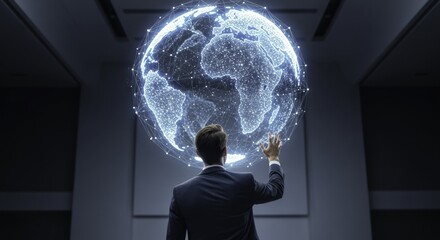 Businessman Interacting with Holographic Digital Global Network Representing Future Technology and Strategic Vision