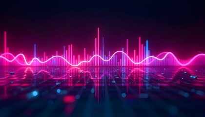 3d render of a vibrant, abstract representation of light waves in various neon colors against a dark background. Synthwave style music equalizer. Visualization of fluctuations