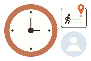 Clock suggesting time, a navigation path with marker for progress, and a user avatar. Ideal for scheduling, planning, productivity, efficiency, project tracking time-saving goal setting. Simple