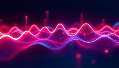 3d render of a vibrant, abstract representation of light waves in various neon colors against a dark background. Synthwave style music equalizer. Visualization of fluctuations