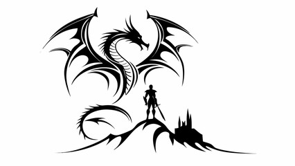 Fototapeta premium Epic dragon and warrior silhouette, powerful fantasy art for games, book covers, and creative projects