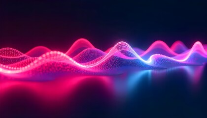 3d render of a vibrant, abstract representation of light waves in various neon colors against a dark background. Synthwave style music equalizer. Visualization of fluctuations