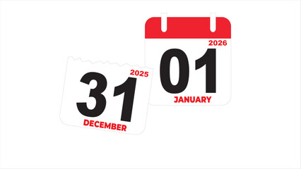 Calendar pages showing december 31st 2025 and january 1st 2026 for new years eve and new years day celebrations. Festive and practical design for event planning.