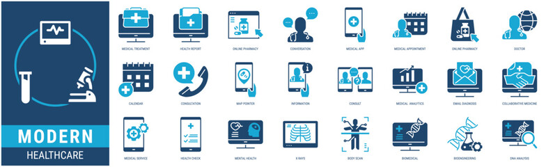 MODERN HEALTHCARE Icon Set containing medical treatment, health report, online pharmacy, conversation, medical app, medical appointment icons. Glyph duo tone style collections.