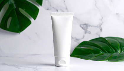 Tube mockup on marble stone background, conveying luxury cosmetic branding
