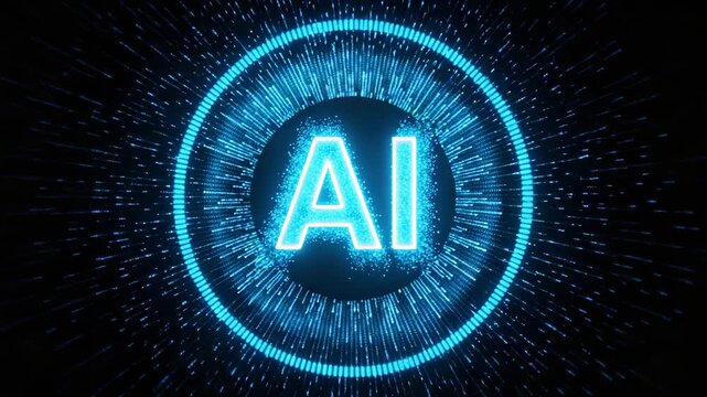 Glowing ai text in futuristic digital network on black background