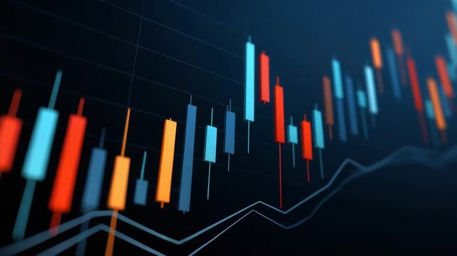Colorful financial candlestick chart with blue, orange, and red bars showing market trends, data analysis, dynamic trading activity, investment insights, and trend lines for comprehensive market