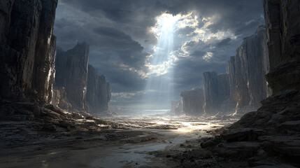 A thread of light connecting two distant cliffs symbolizing connection hope and guidance representing the fragile bond bridging separation and illuminating the path across vast divides