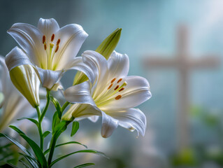 Fototapeta premium White Easter lilies in soft light with blurred wooden cross in the background symbolizing purity and hope in a spiritual setting