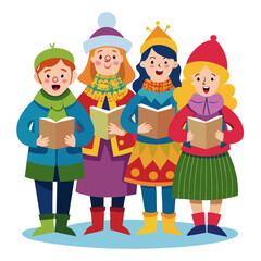 Colorful vector illustration of carol singers in winter clothing