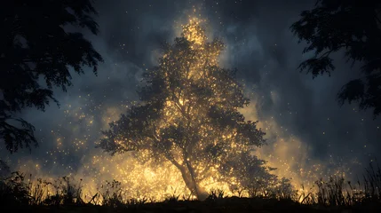 Papier peint photo Chambre de fille Burning Bush Tree with Glowing Fire and Golden Light Biblical Concept   © Neo