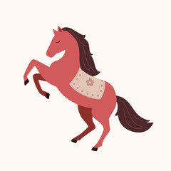 A red horse rearing up dynamically, flat style hand drawn illustration
